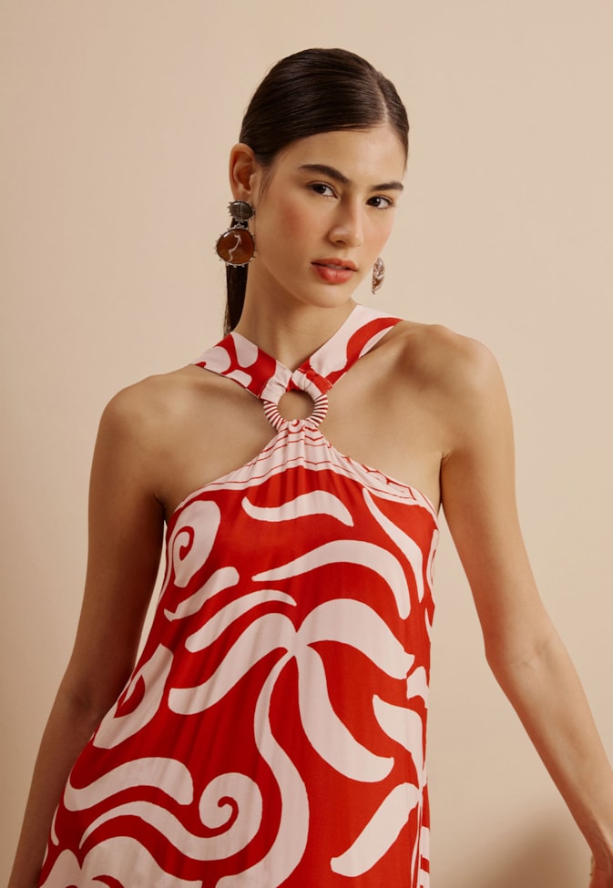 Vestido Longo Decote Argola Corda Liso Estampado Pororoca