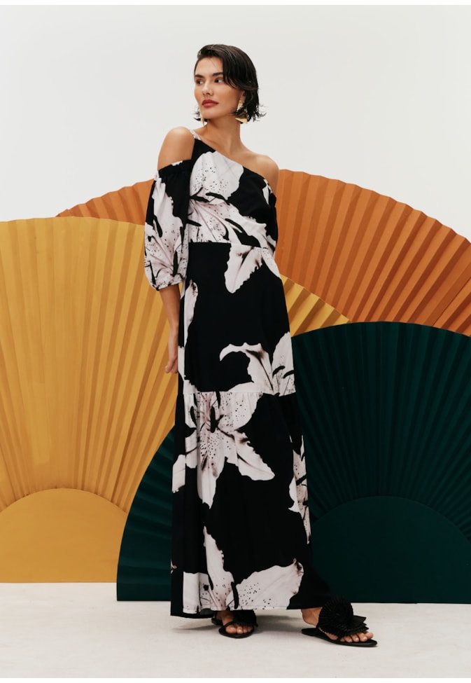 Vestido longo Decote Assimétrico Estampa Tango