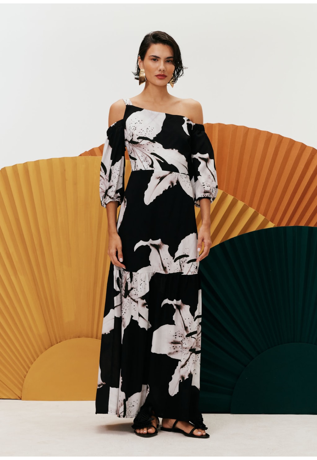 Vestido longo Decote Assimétrico Estampa Tango