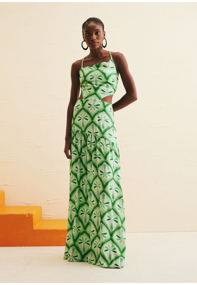 Vestido Longo Decote Assimétrico Estampado Gunga