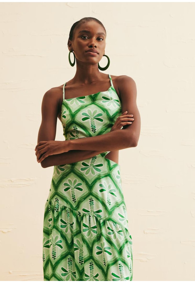 Vestido Longo Decote Assimétrico Estampado Gunga