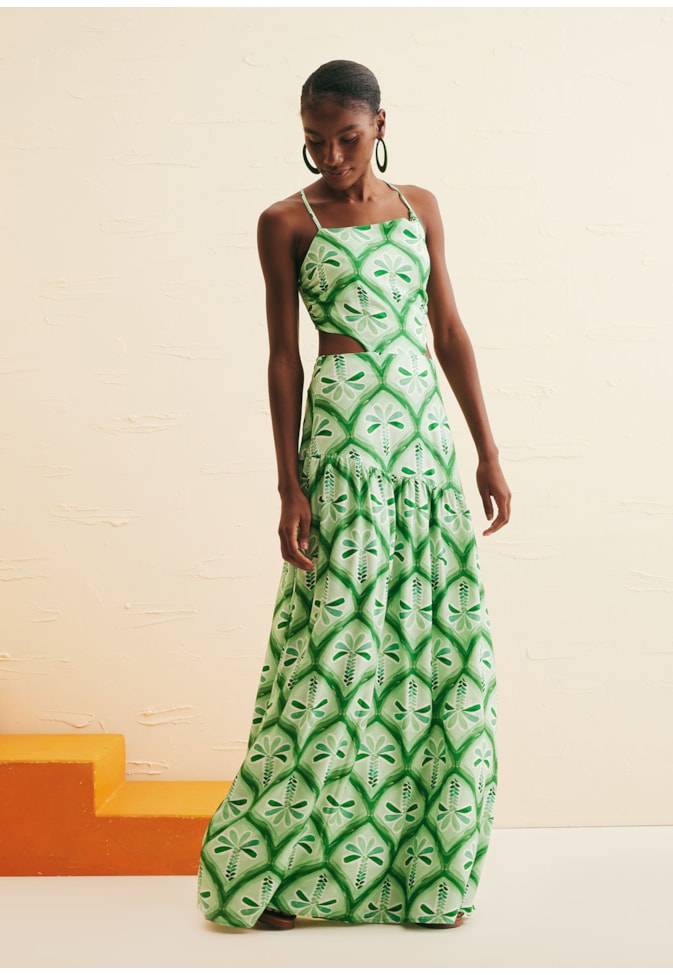 Vestido Longo Decote Assimétrico Estampado Gunga