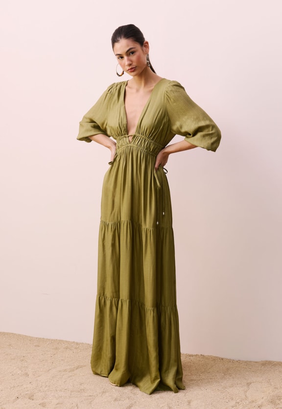Vestido Longo Decote com Mangas Bufantes Vista Traseira