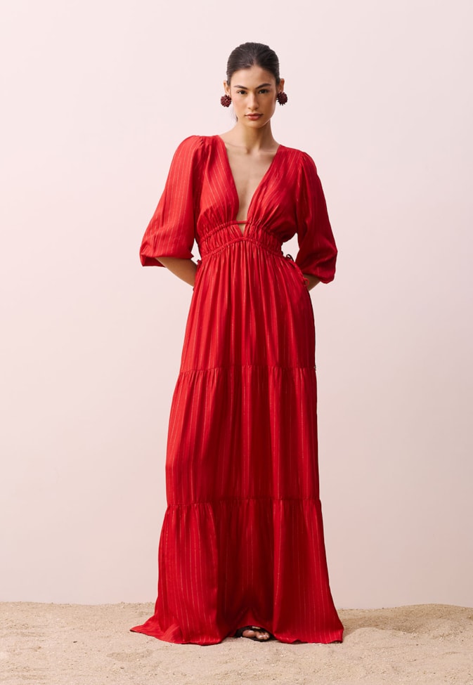 Vestido Longo Decote com Mangas Bufantes