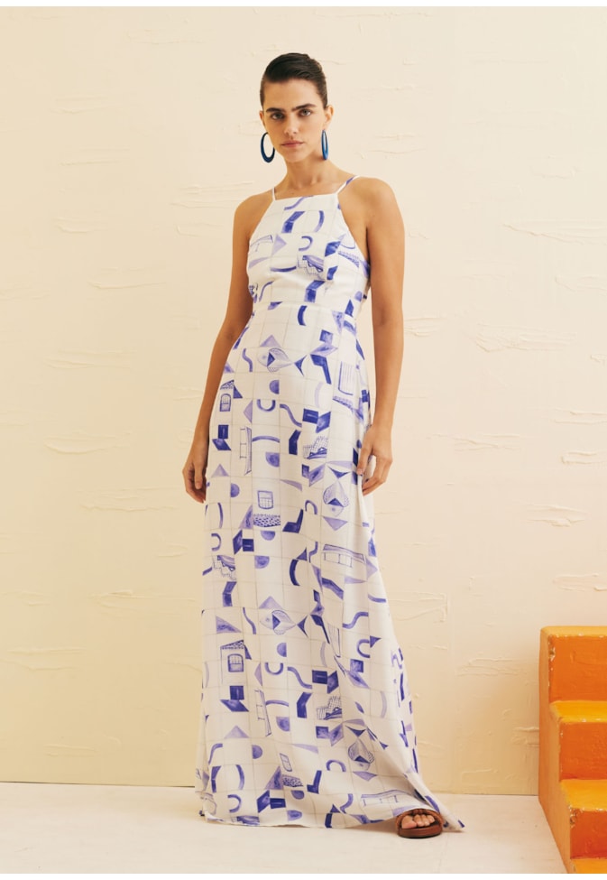 Vestido Longo Decote Costas Estampado Paraty