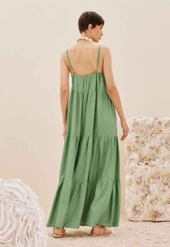 Vestido Longo Decote e Babados Vista Traseira