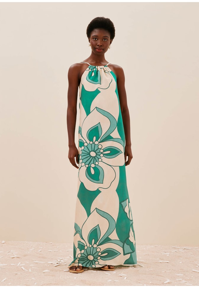 Vestido Longo Decote Estampado Pop Flower