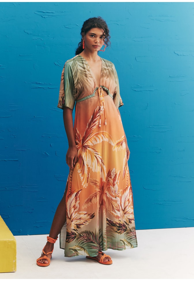 Vestido Longo Decote Estampado Trancoso