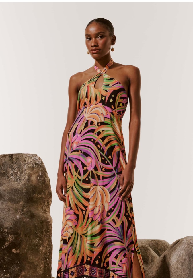 Vestido Longo Decote Faixa Estampado Lobeira