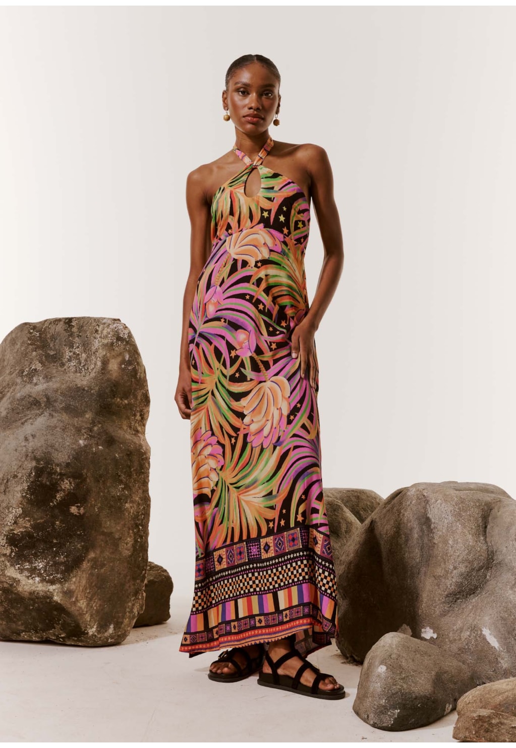 Vestido Longo Decote Faixa Estampado Lobeira