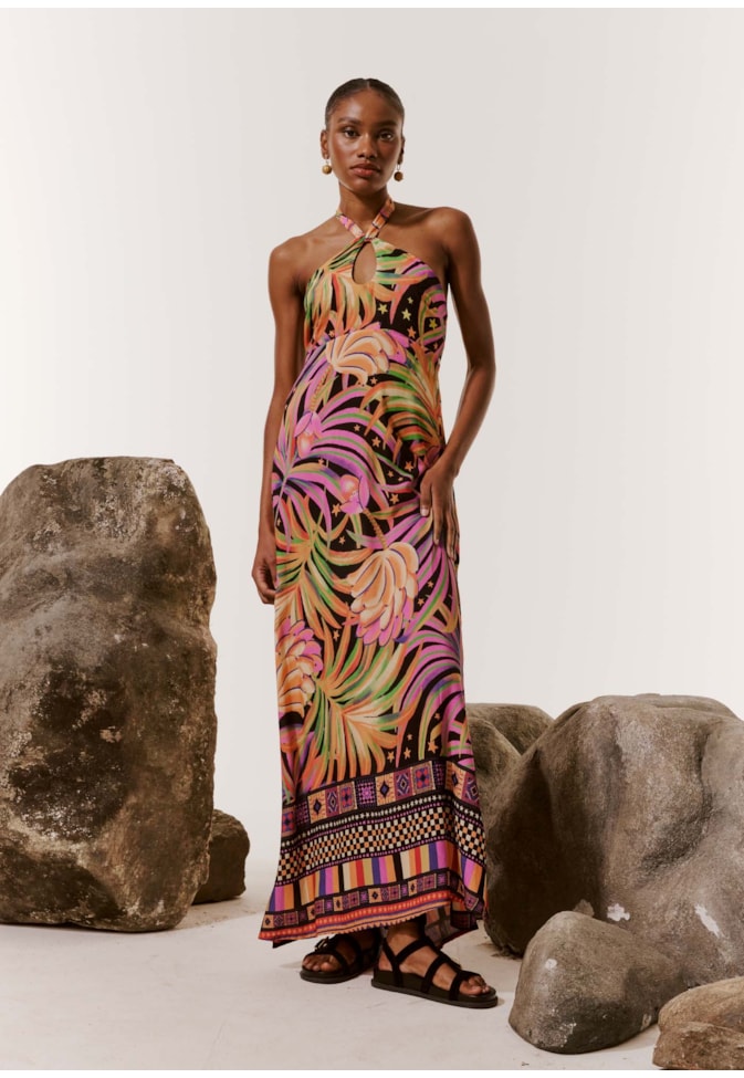 Vestido Longo Decote Faixa Estampado Lobeira