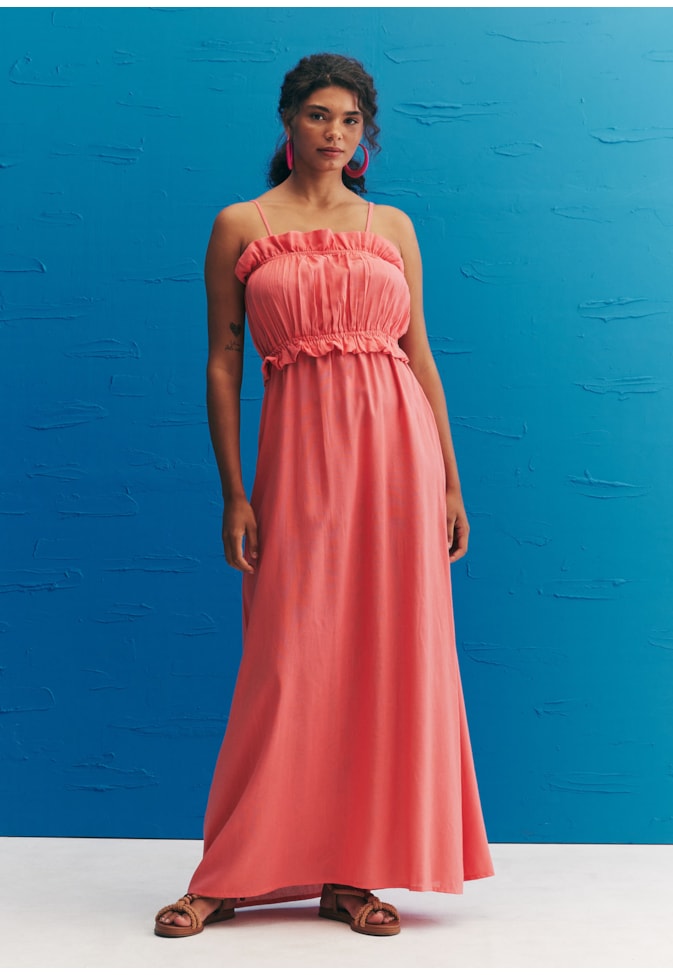 Vestido Longo Decote Franzido