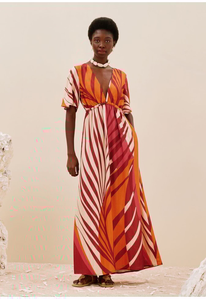 Vestido Longo Decote Pala Elástico Estampado Palm