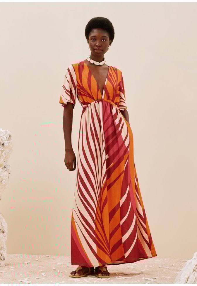 Vestido Longo Decote Pala Elástico Estampado Palm