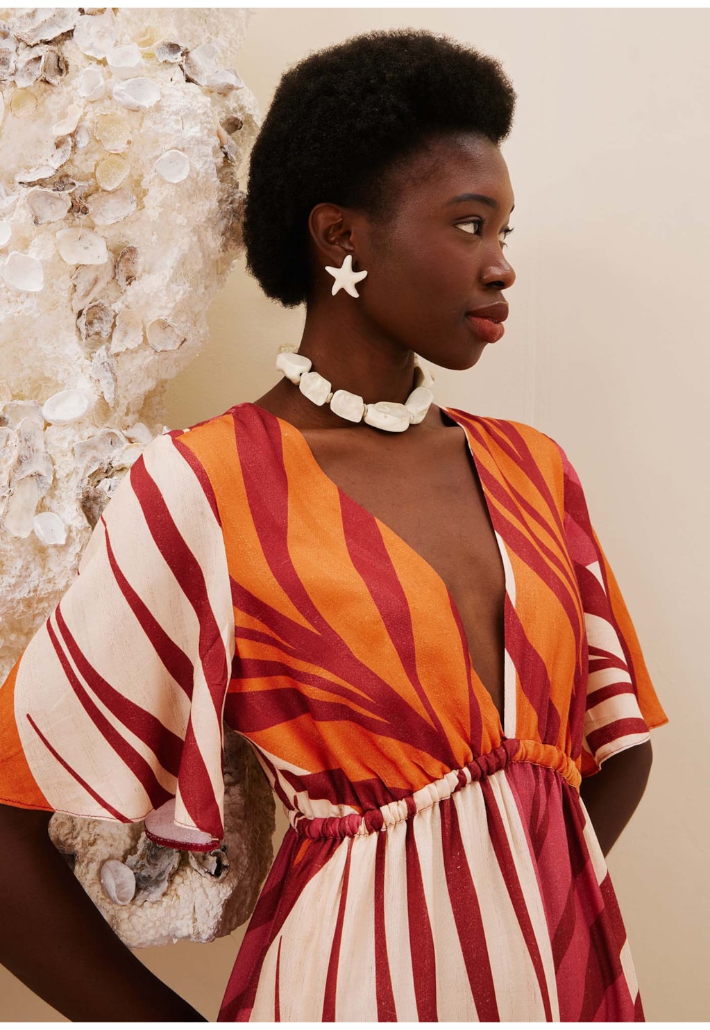 Vestido Longo Decote Pala Elástico Estampado Palm