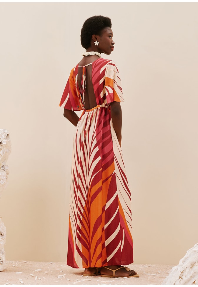 Vestido Longo Decote Pala Elástico Estampado Palm