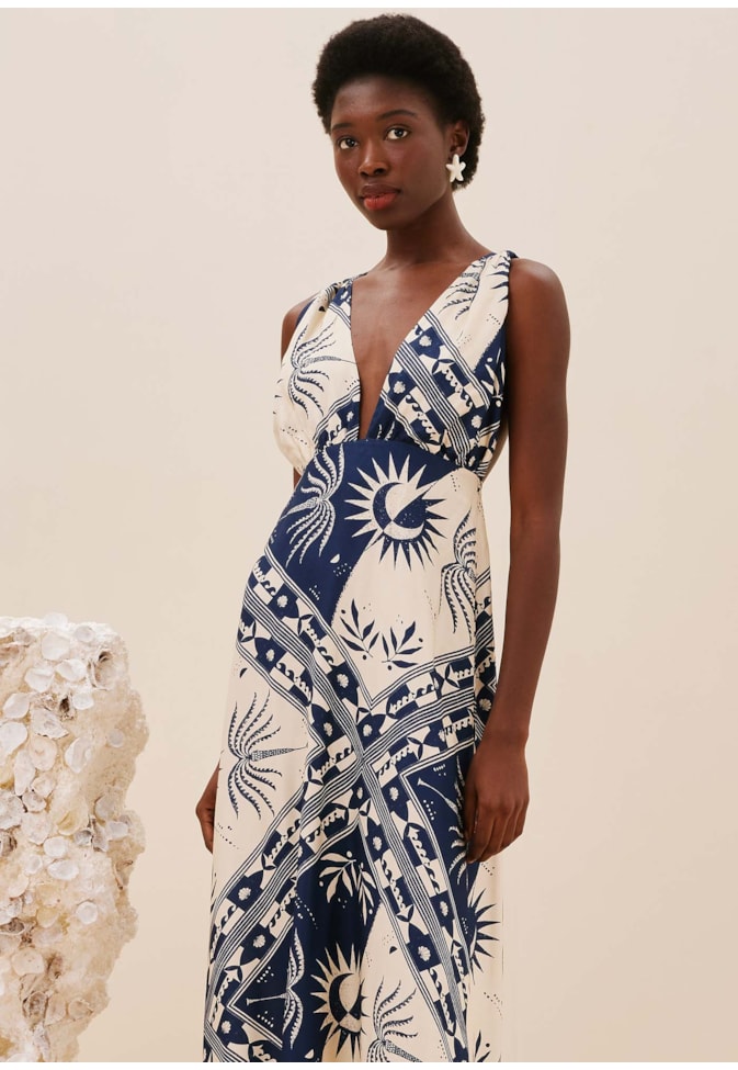 Vestido Longo Decote Profundo Estampado Ceu