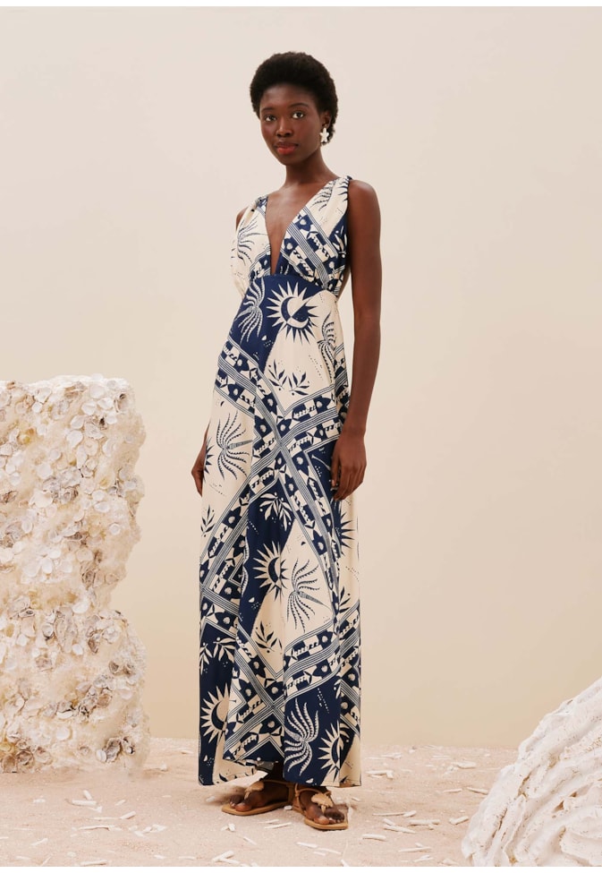 Vestido Longo Decote Profundo Estampado Ceu