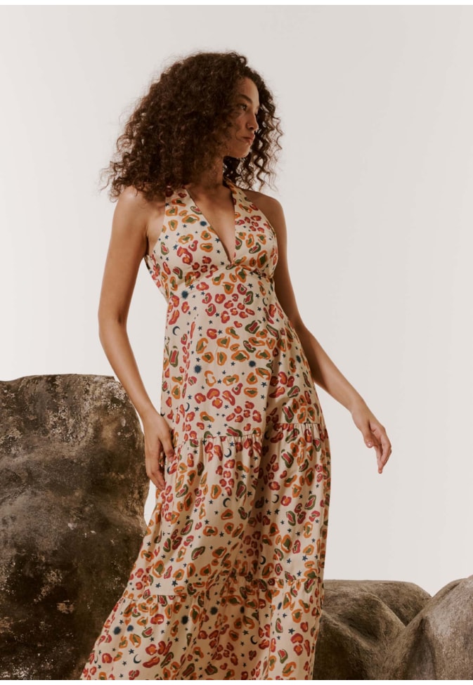 Vestido Longo Decote Profundo Estampado Onça Pintada