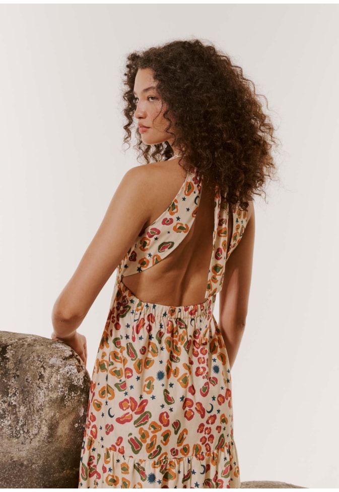 Vestido Longo Decote Profundo Estampado Onça Pintada