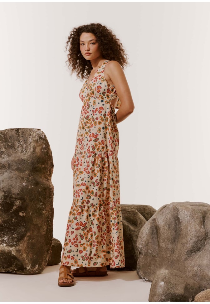 Vestido Longo Decote Profundo Estampado Onça Pintada