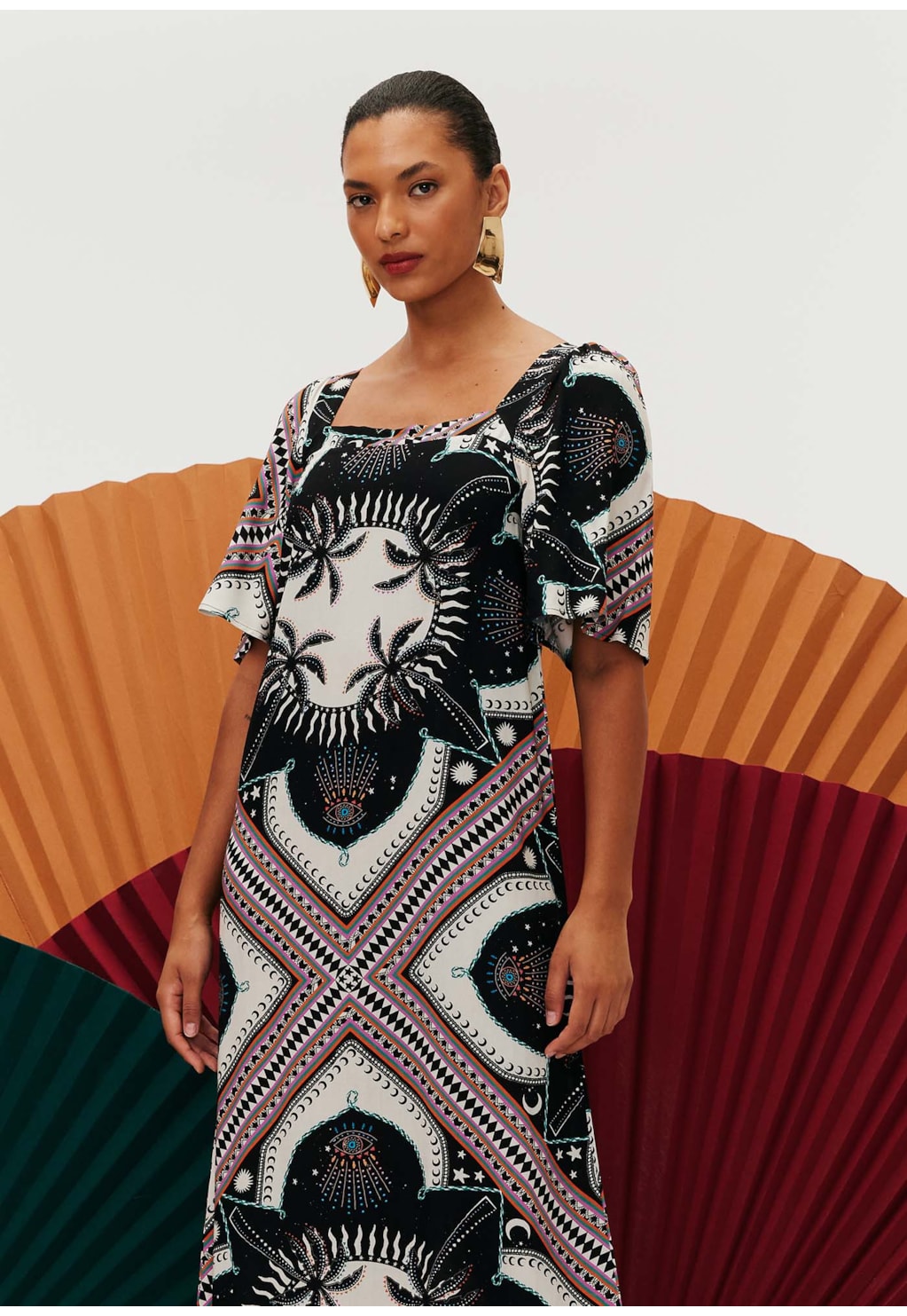 Vestido Longo Decote Quadrado Estampado Cúmbia