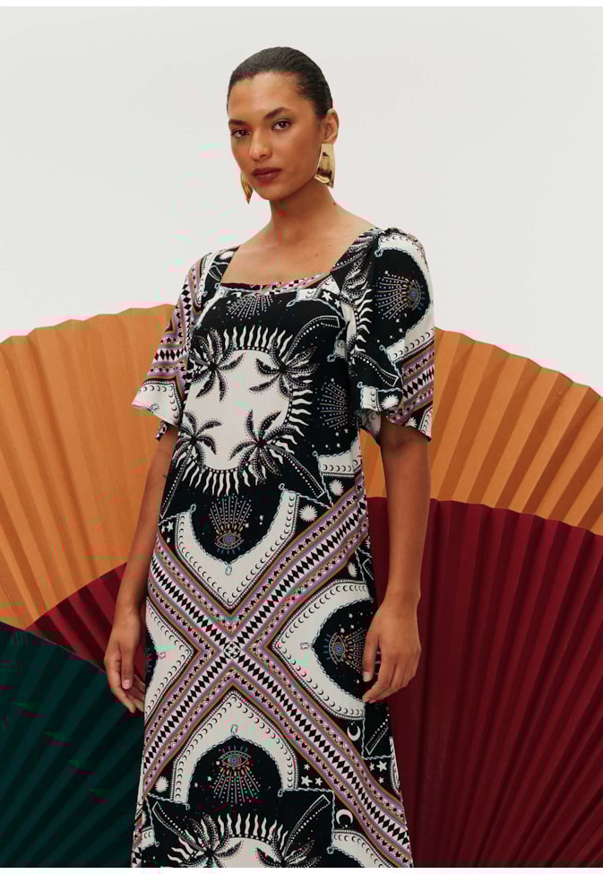 Vestido Longo Decote Quadrado Estampado Cúmbia