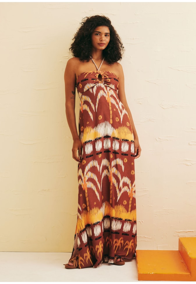 Vestido Longo Decote Túnel Estampado Huacachina