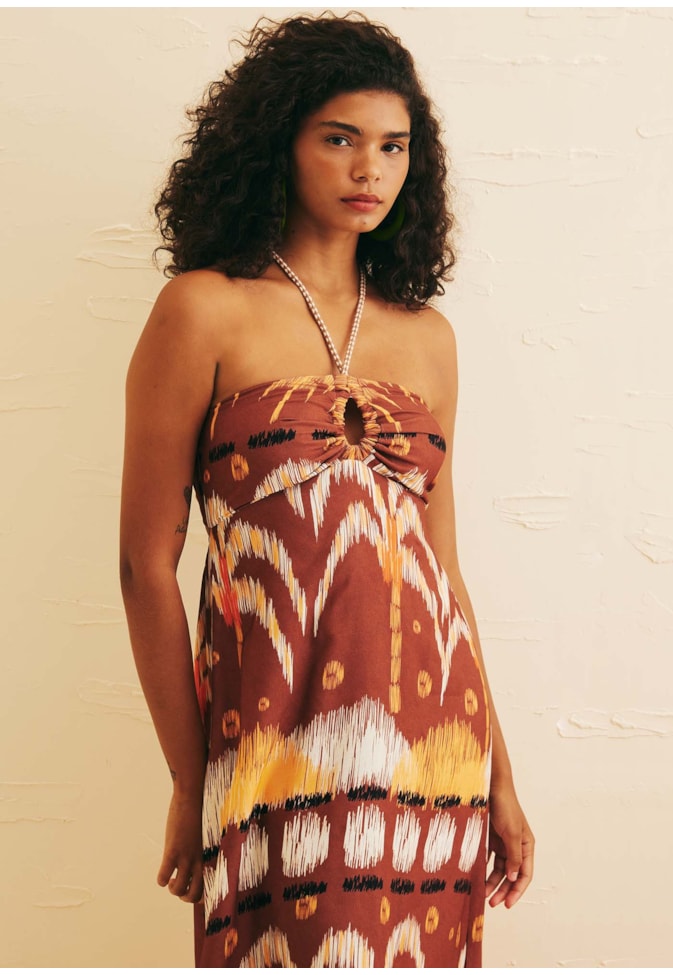 Vestido Longo Decote Túnel Estampado Huacachina