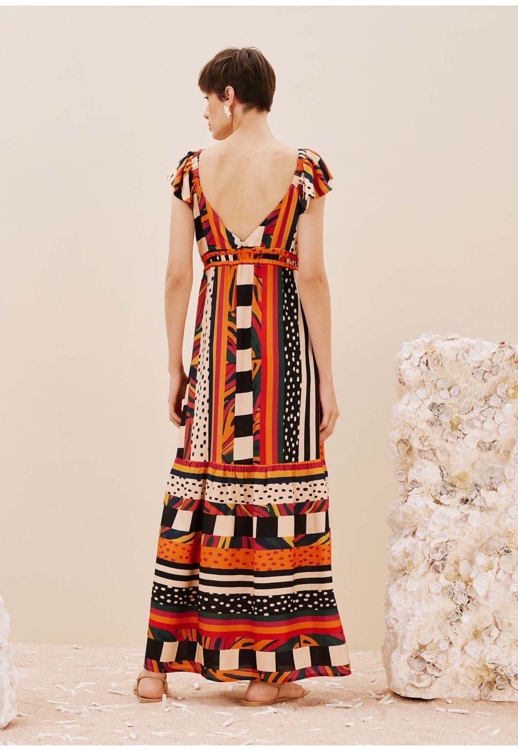 Vestido Longo Decote Túnel Estampado Terra