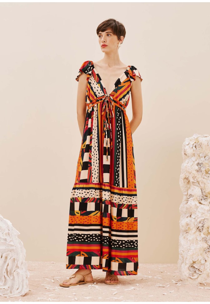 Vestido Longo Decote Túnel Estampado Terra