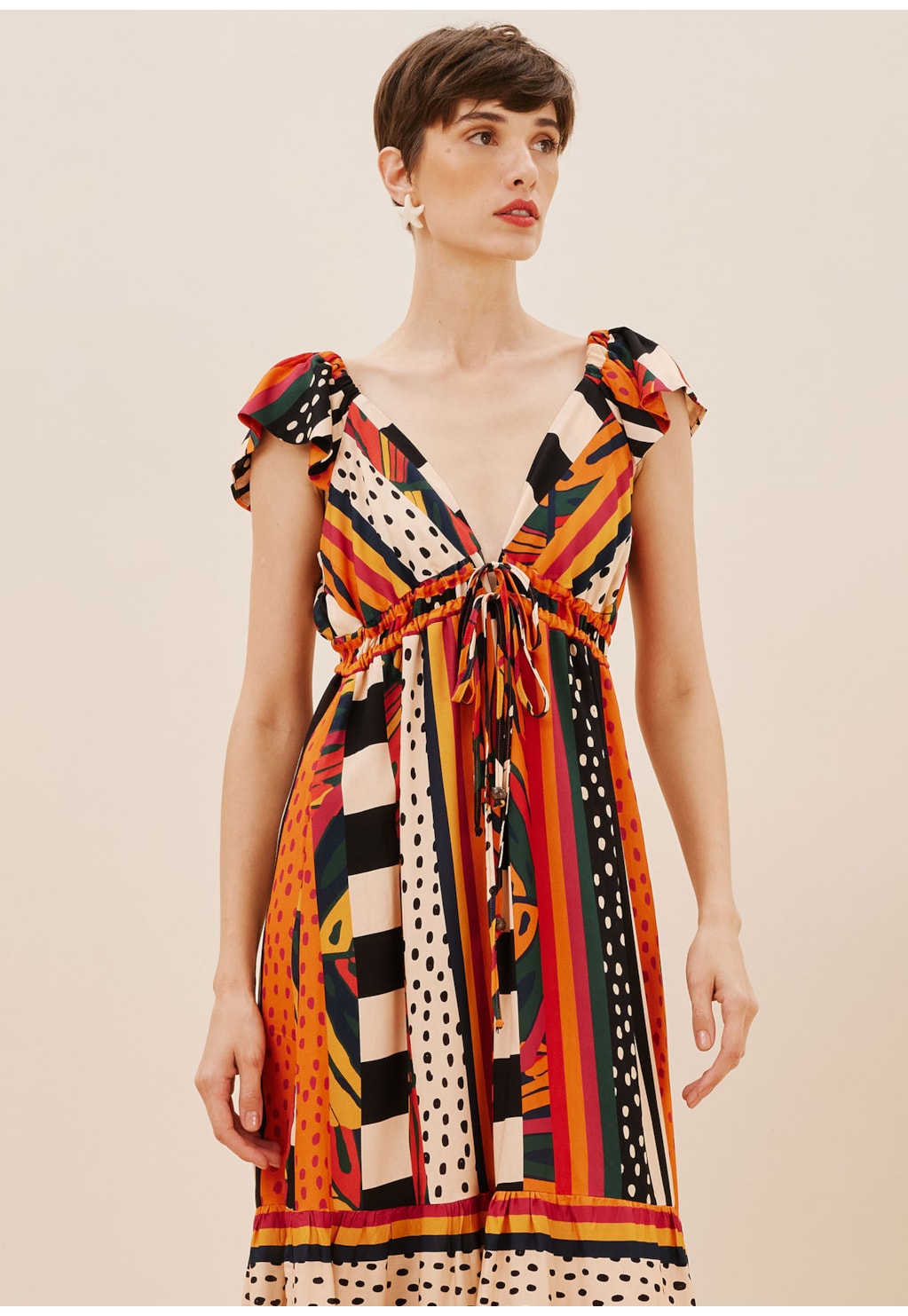 Vestido Longo Decote Túnel Estampado Terra