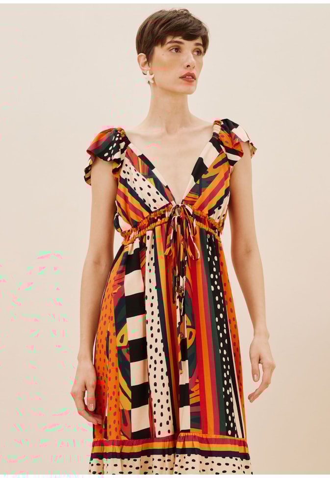 Vestido Longo Decote Túnel Estampado Terra