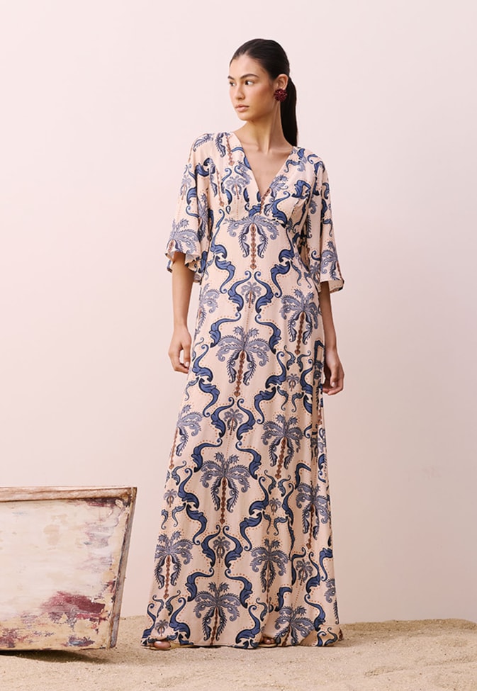 Vestido Longo Decote V Estampado Baldosas