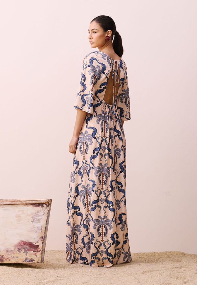 Vestido Longo Decote V Estampado Baldosas