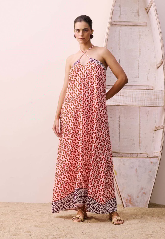 Vestido Longo Decote V Estampado Belterra