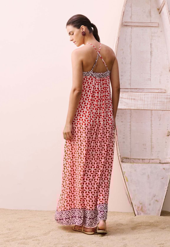 Vestido Longo Decote V Estampado Belterra Vista Traseira