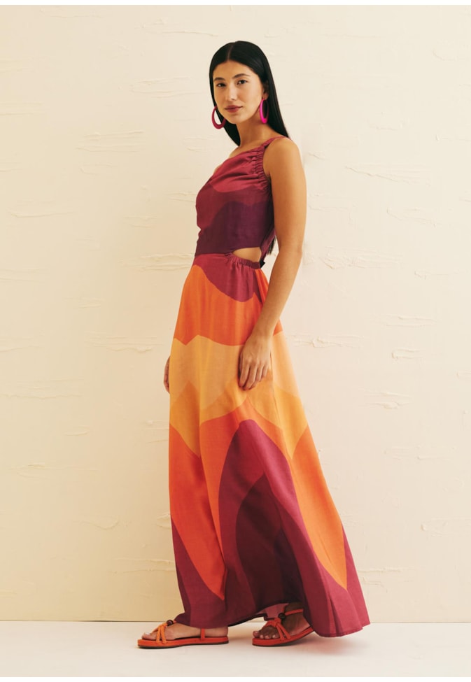 Vestido Longo Detalhe Alça Estampado Las Coloradas