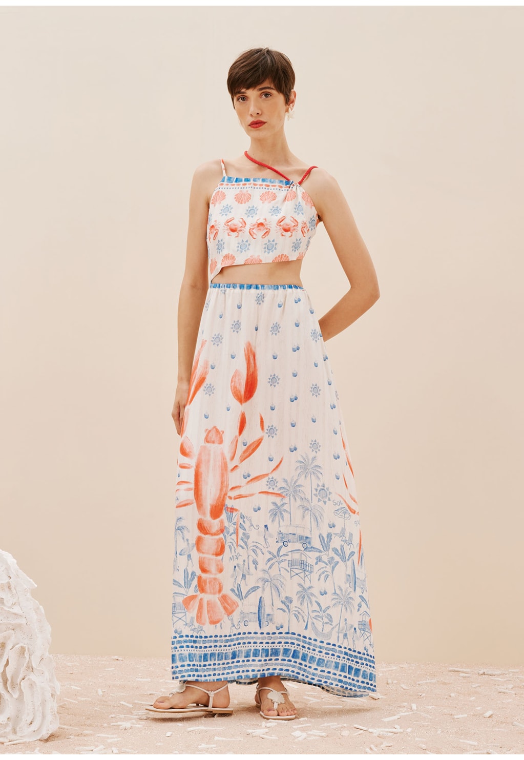 Vestido Longo Detalhe Alças Cordas Estampado Icapui