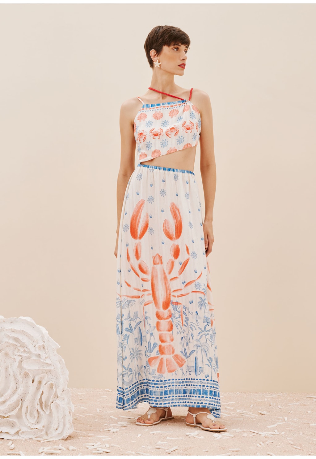 Vestido Longo Detalhe Alças Cordas Estampado Icapui