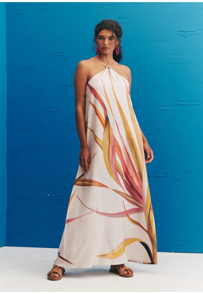 Vestido Longo Detalhe Argola Estampado Belize