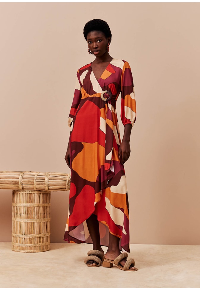 Vestido Longo Detalhe Argola Estampado Ushuaia