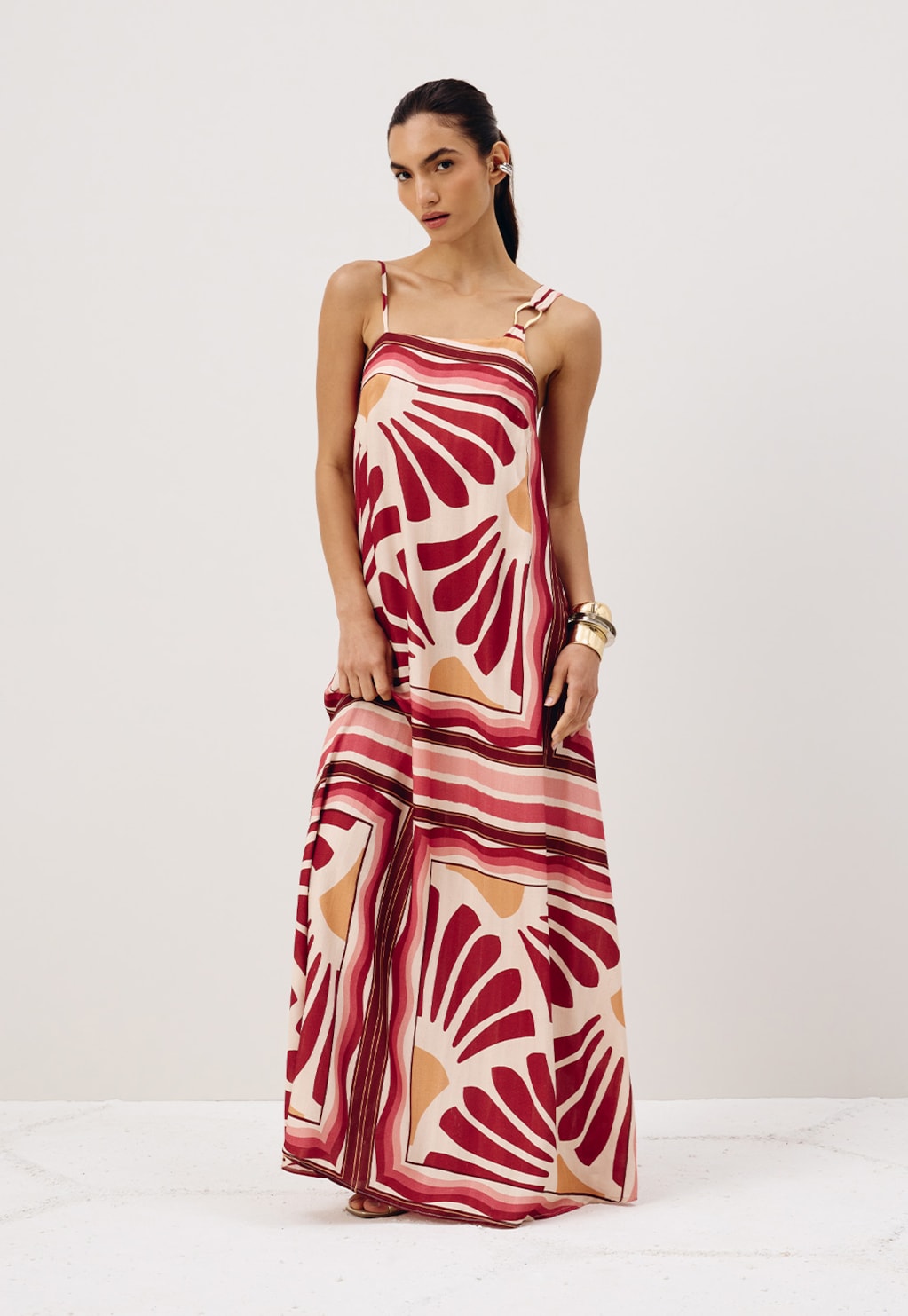 Vestido Longo Detalhe Argola Orgânica Estampado Lujan