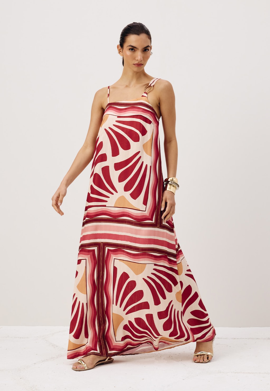 Vestido Longo Detalhe Argola Orgânica Estampado Lujan