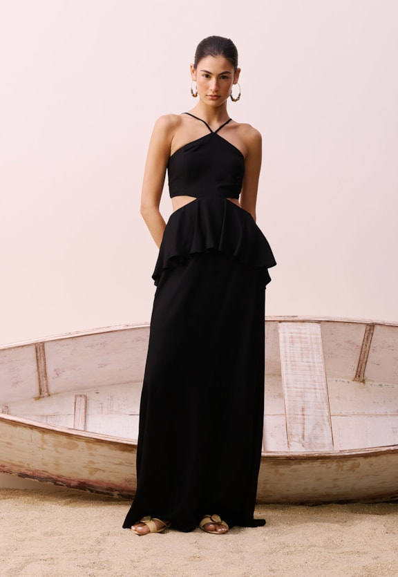 Vestido Longo Detalhe Babado Vista Frontal