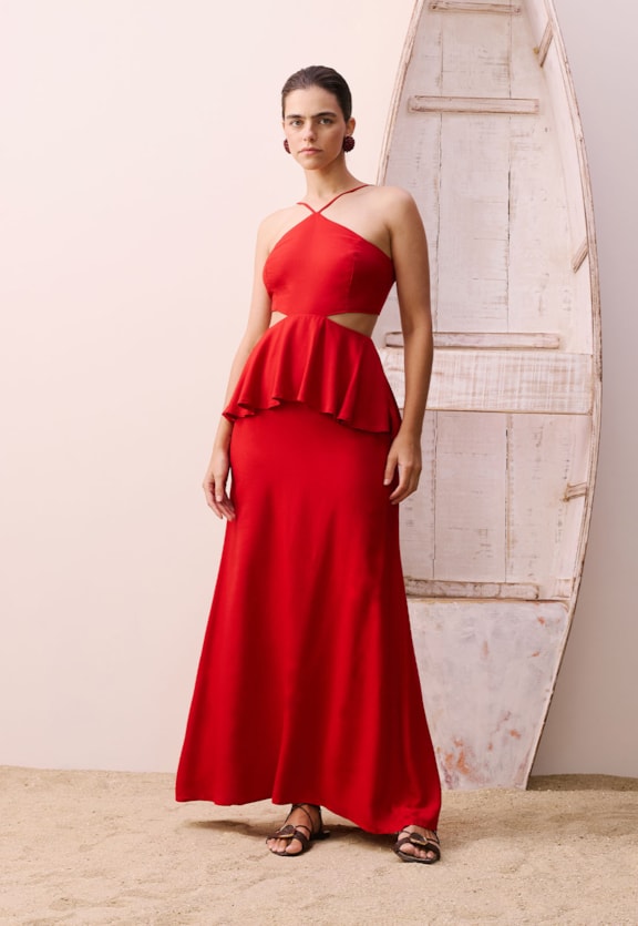 Vestido Longo Detalhe Babado Vista Frontal