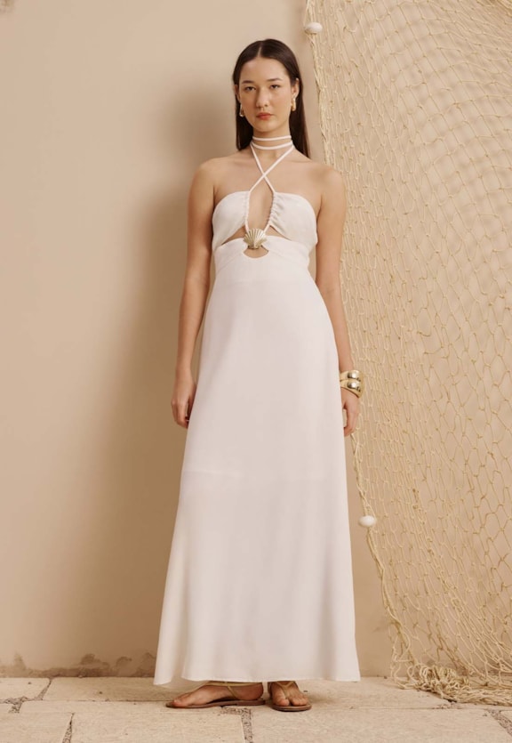 Vestido Longo Detalhe Concha Vista Frontal