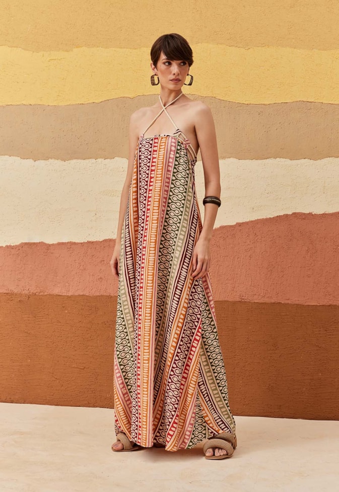 Vestido Longo Detalhe Corda Estampado Huaso
