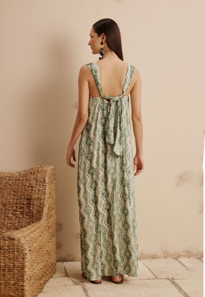 Vestido Longo Detalhe Estrela do Mar Estampado Rio Verde