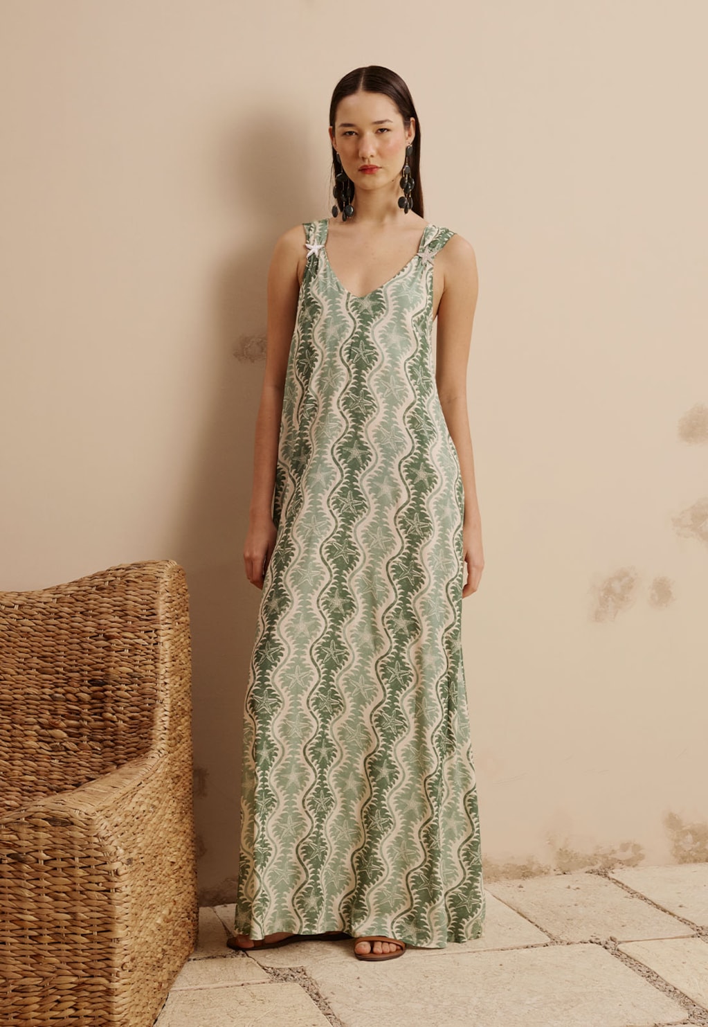 Vestido Longo Detalhe Estrela do Mar Estampado Rio Verde